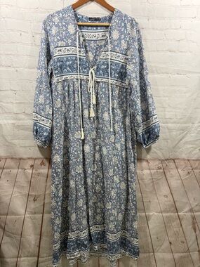 Lance Cade Boho Floral Maxi Dress Women Size Medium Dusty Blue Ballon Sleeves
